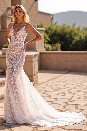 Mermaid Ivory Long Lace Wedding Dress